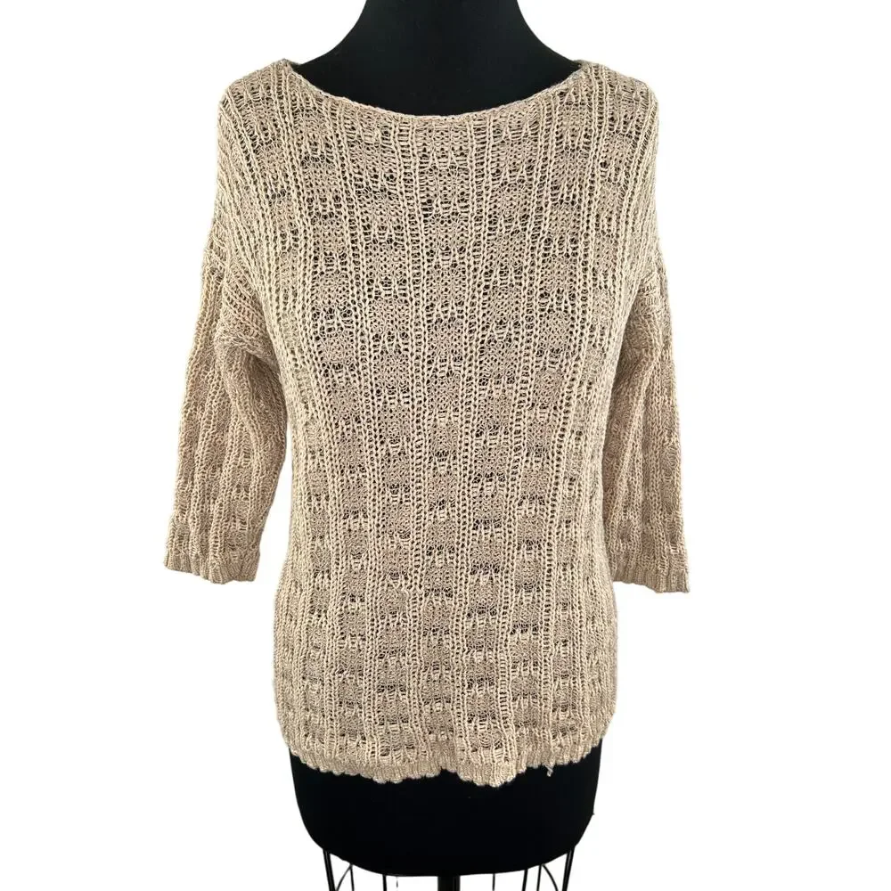 Eileen Fisher Beige Organic Cotton Linen 3/4 Sleeve Round Neck Knit Sweater S